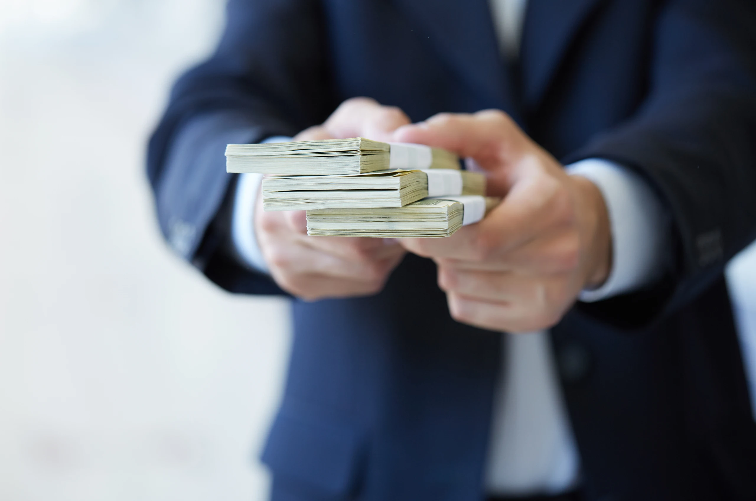 Business person handing over three thick stacks of hundred dollar bills: Software that Protects, Inappropriate Content, PowerScanner, Network Scanning