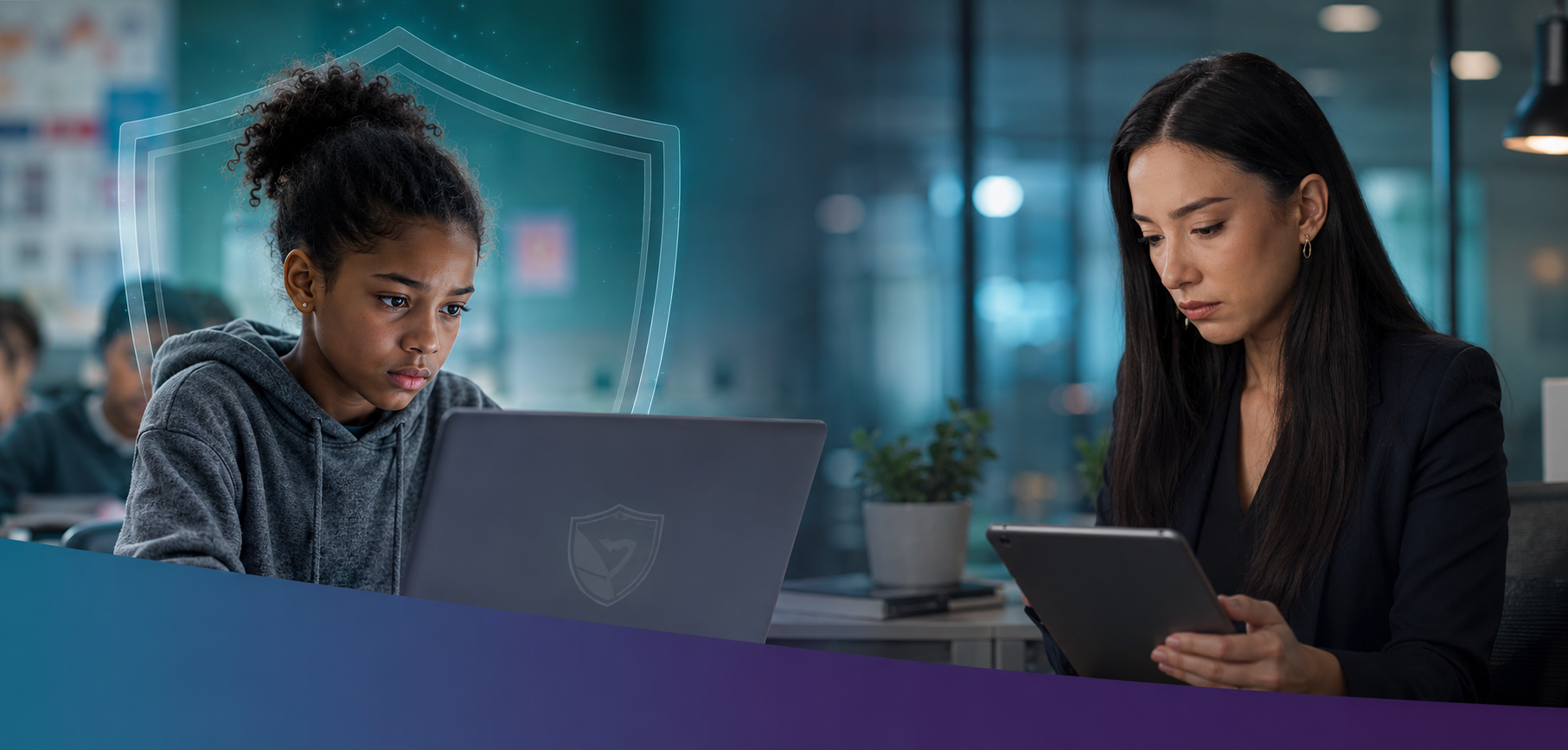 Hidden Digital Risk Across Education and Business | NetPropriate Student and workplace professional using digital devices, representing NetPropriate’s privacy-first visibility into hidden digital risk across education and business environments.