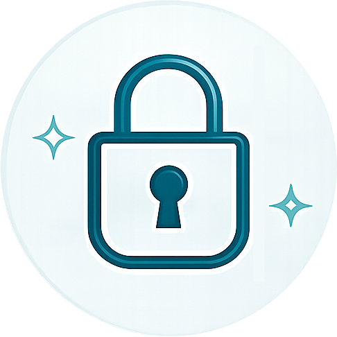 Teal padlock icon with subtle sparkle accents representing privacy, security, and protected file fingerprint analysis