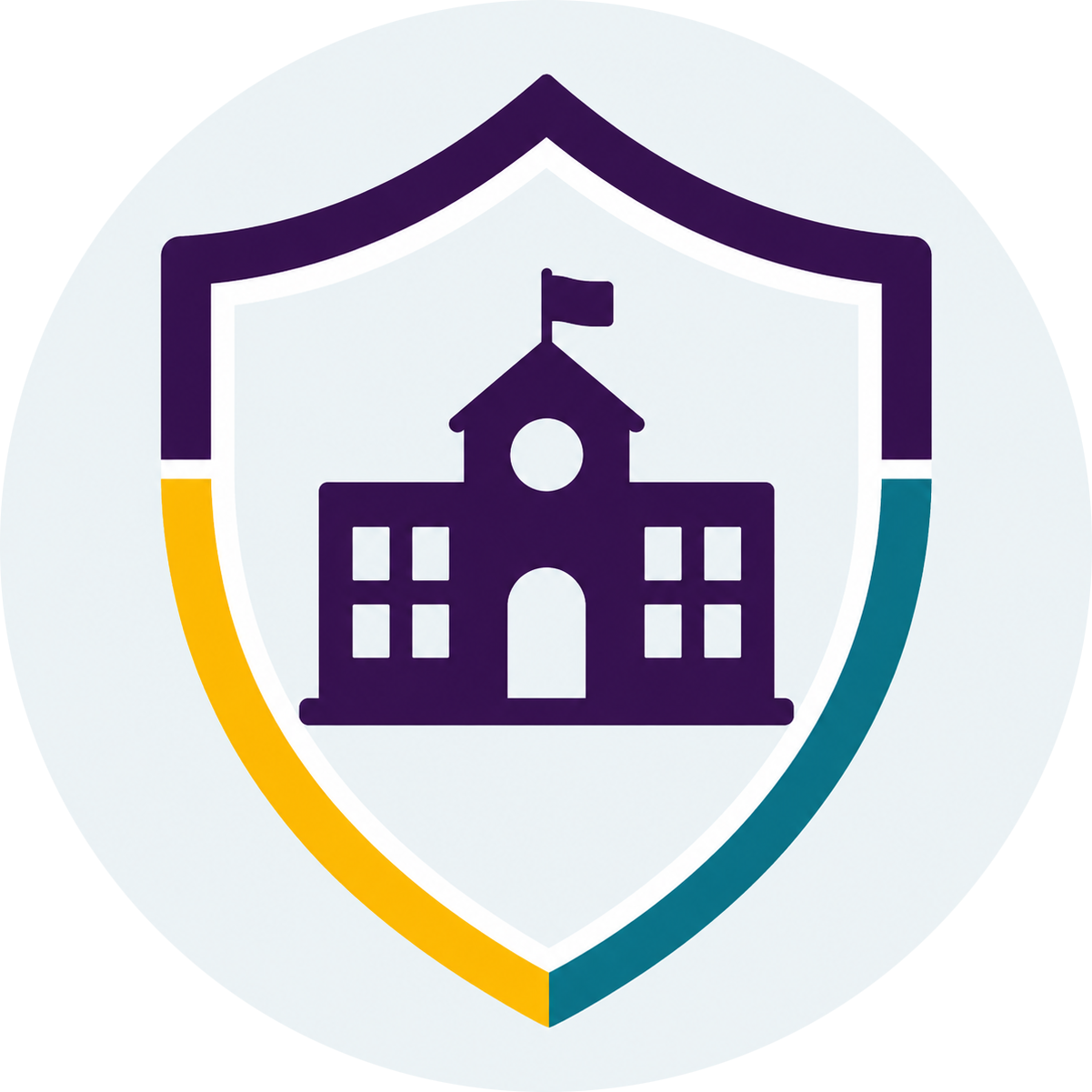 Risk management icon featuring a protected school building representing JPAs, insurers, and district risk mitigation efforts.