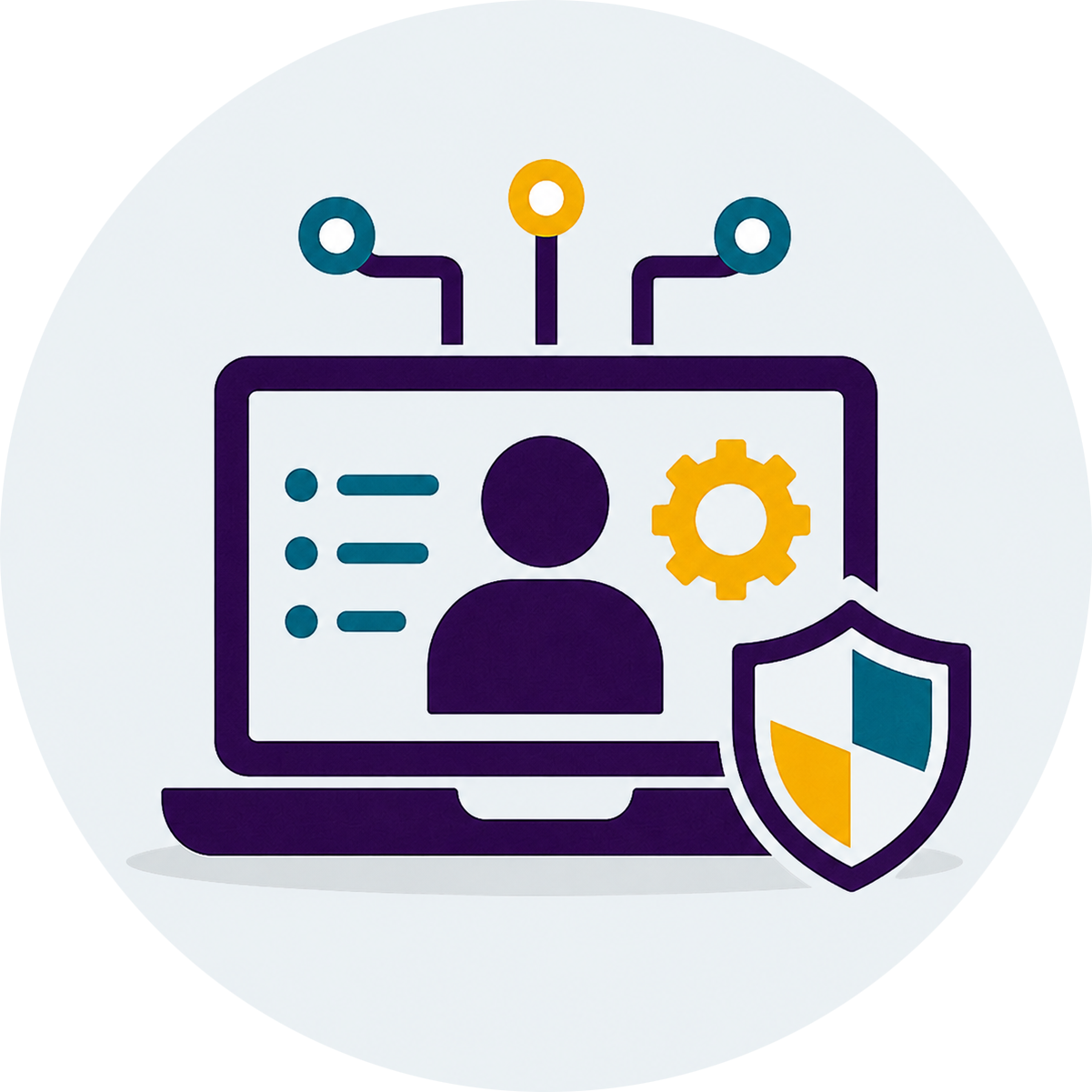 Technology leaders icon featuring a laptop, user profile, gear, network connections, and shield representing secure school technology oversight.